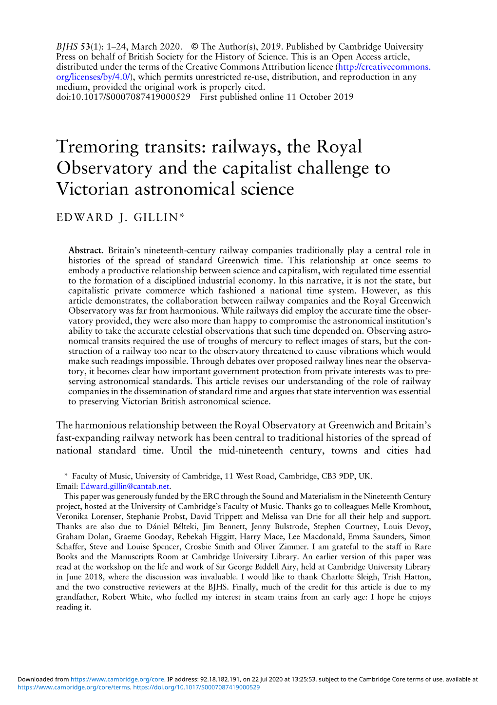 Tremoring Transits: Railways, the Royal Observatory and the Capitalist Challenge to Victorian Astronomical Science