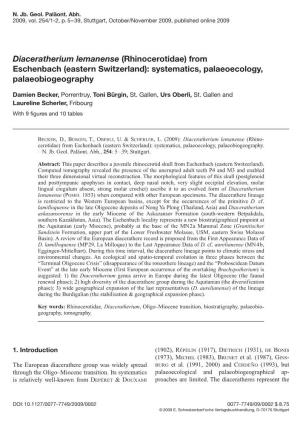 Diaceratherium Lemanense (Rhinocerotidae) from Eschenbach (Eastern Switzerland): Systematics, Palaeoecology, Palaeobiogeography