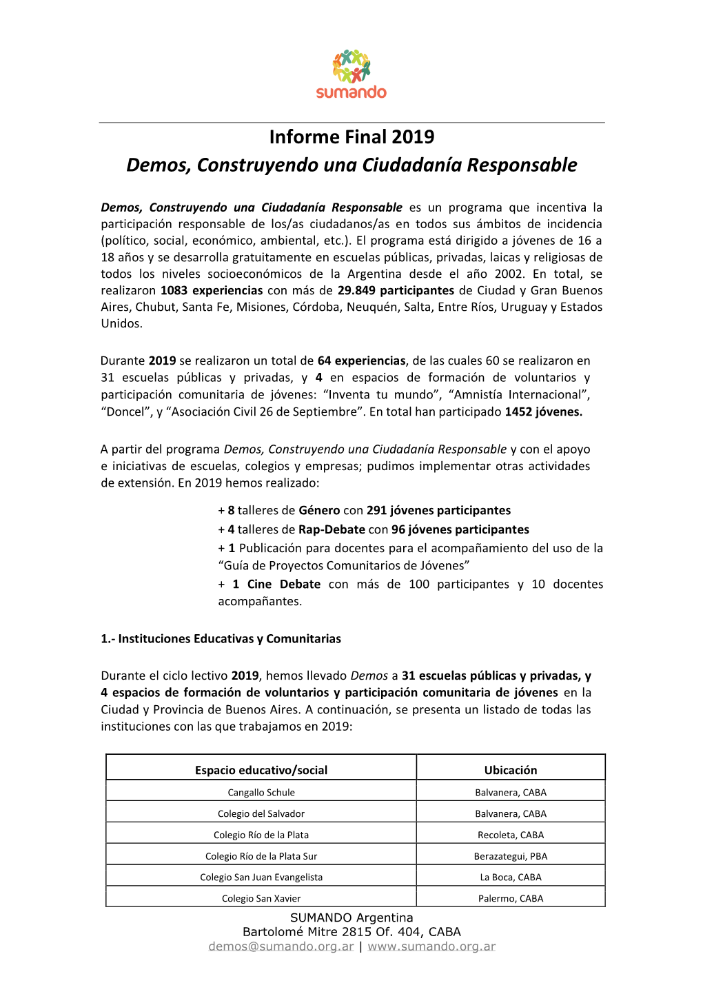 Informe Final 2019 Demos, Construyendo Una Ciudadanía Responsable