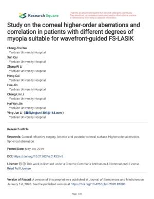 Study on the Corneal Higher-Order Aberrations and Correlation in Patients with Different Degrees of Myopia Suitable for Wavefront-Guided FS-LASIK