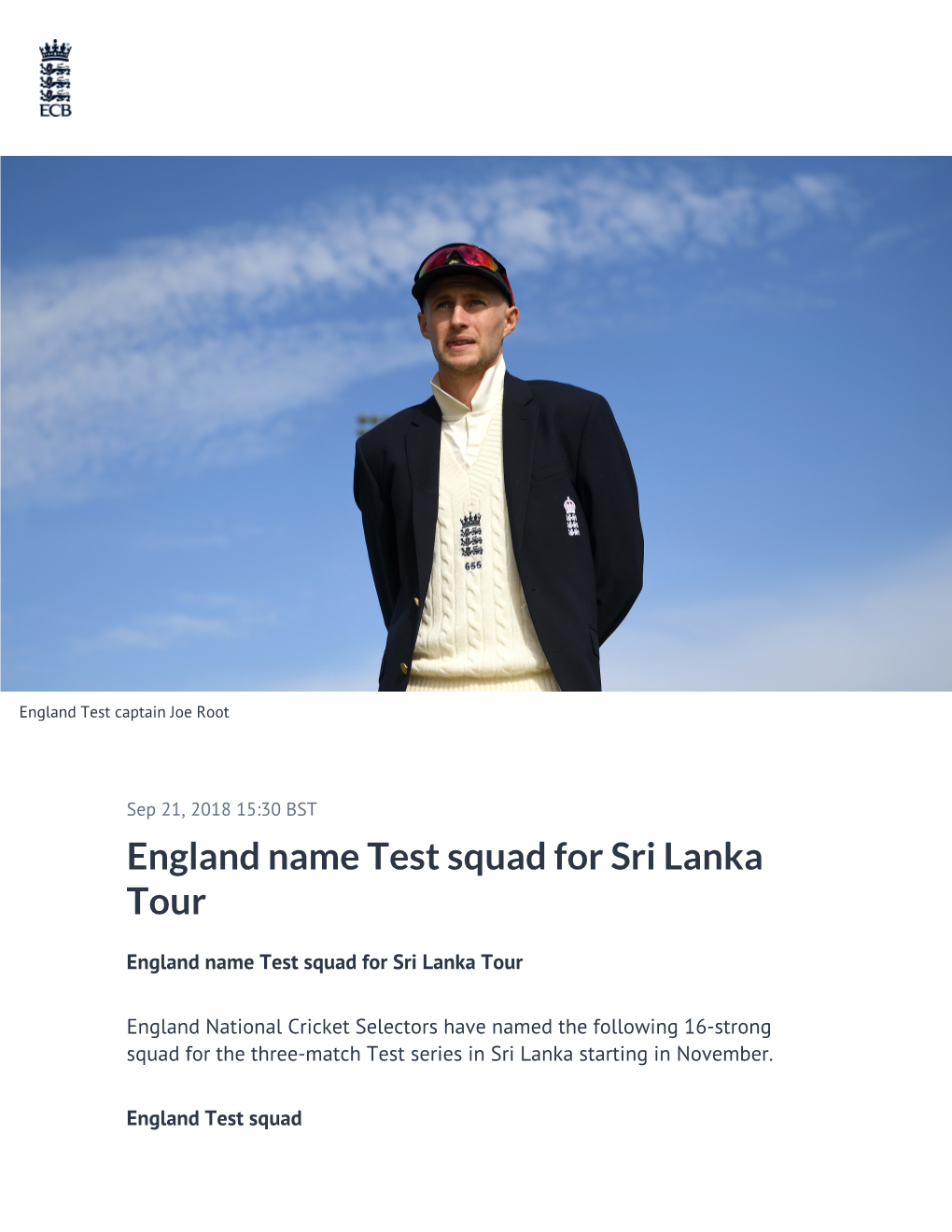 ​England Name Test Squad for Sri Lanka Tour