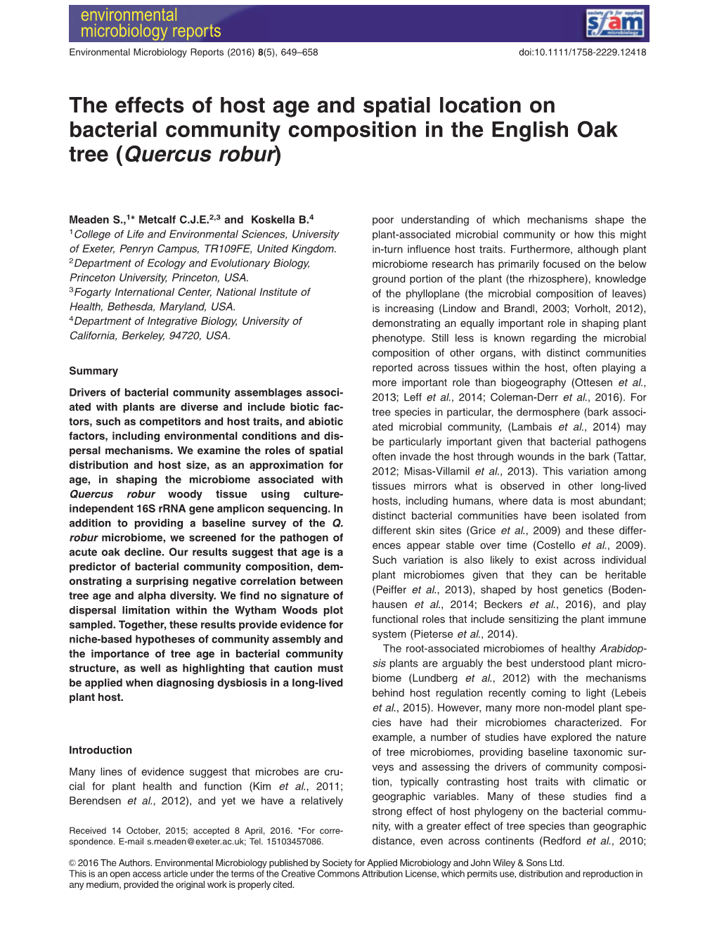 The Effects of Host Age and Spatial Location on Bacterial Community Composition in the English Oak Tree (Quercus Robur)