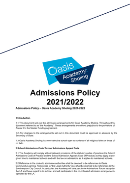 Oasis Academy Scholing School Admissions Policy 2020-2021