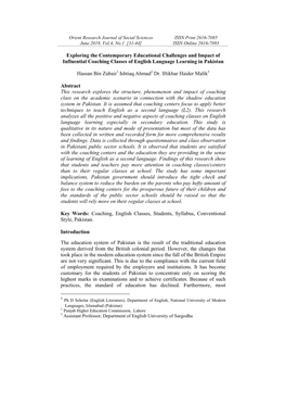 Exploring the Contemporary Educational Challenges and Impact of Influential Coaching Classes of English Language Learning in Pakistan