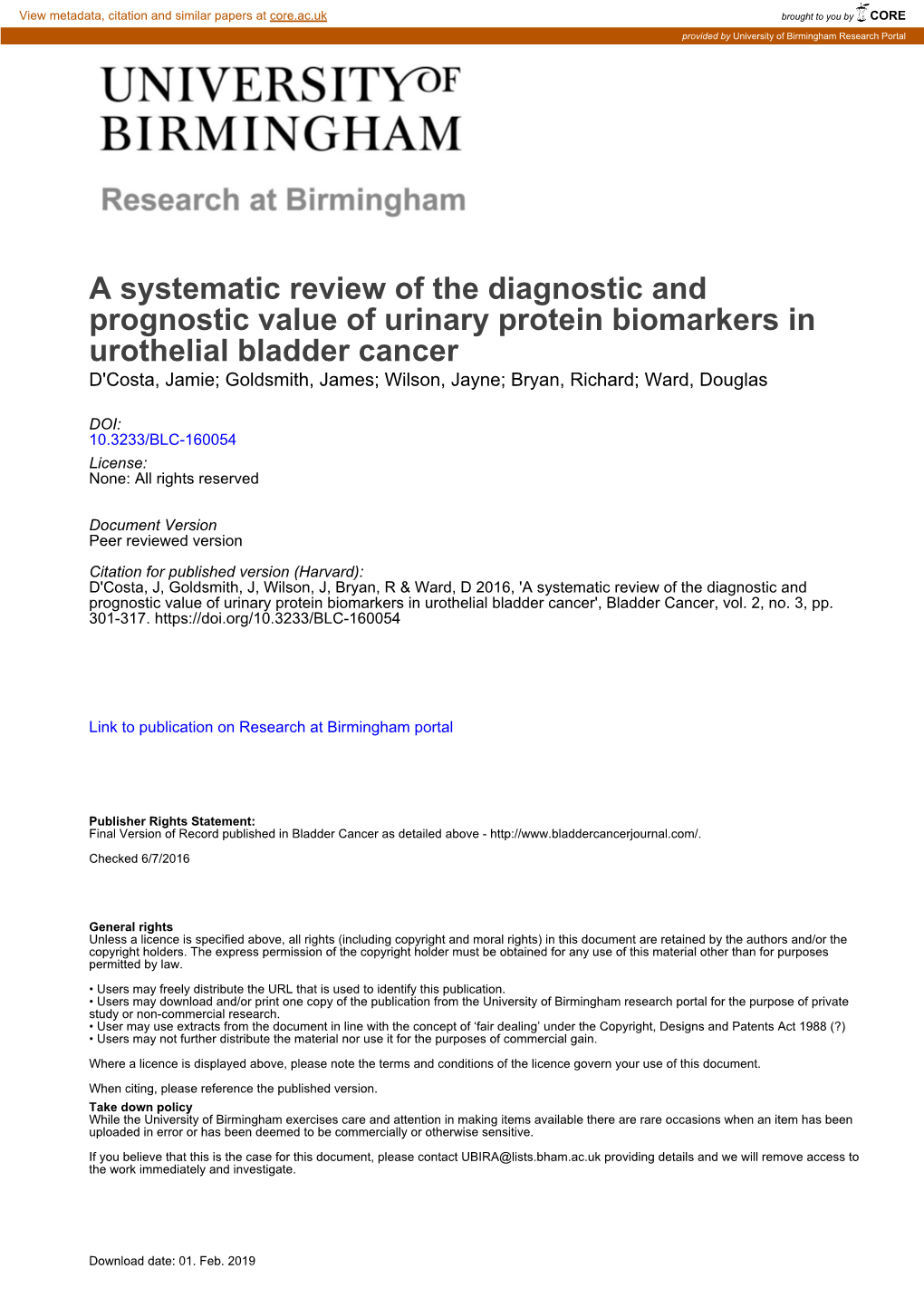 A Systematic Review of the Diagnostic and Prognostic Value of Urinary