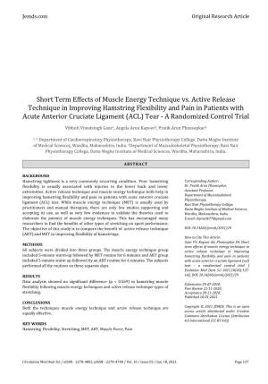 Short Term Effects of Muscle Energy Technique Vs. Active Release Technique in Improving Hamstring Flexibility and Pain in Patien