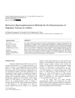 Derivative Spectrophotometric Methods for the Determination of Zolpidem Tartrate in Tablets