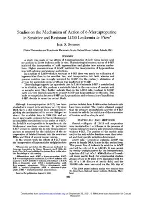Studies on the Mechanism of Action of 6-Mercaptopurine in Sensitive and Resistant L1210 Leukemia in Vitro*
