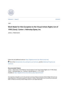 Work Made for Hire Exception to the Visual Artists Rights Act of 1990 (Vara): Carter V
