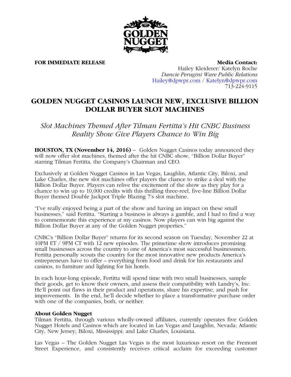 Golden Nugget Casinos Launch New, Exclusive Billion Dollar Buyer Slot Machines