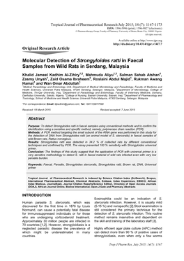 Molecular Detection of Strongyloides Ratti in Faecal Samples from Wild Rats in Serdang, Malaysia