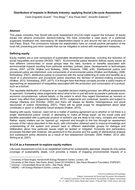 Distribution of Impacts in Biofuels Industry: Applying Social Life-Cycle Assessment Carla Grigoletto Duarte2, Tina Wegg1,4, Ana Paula Dibo2, Amarillis Gallardo2,3