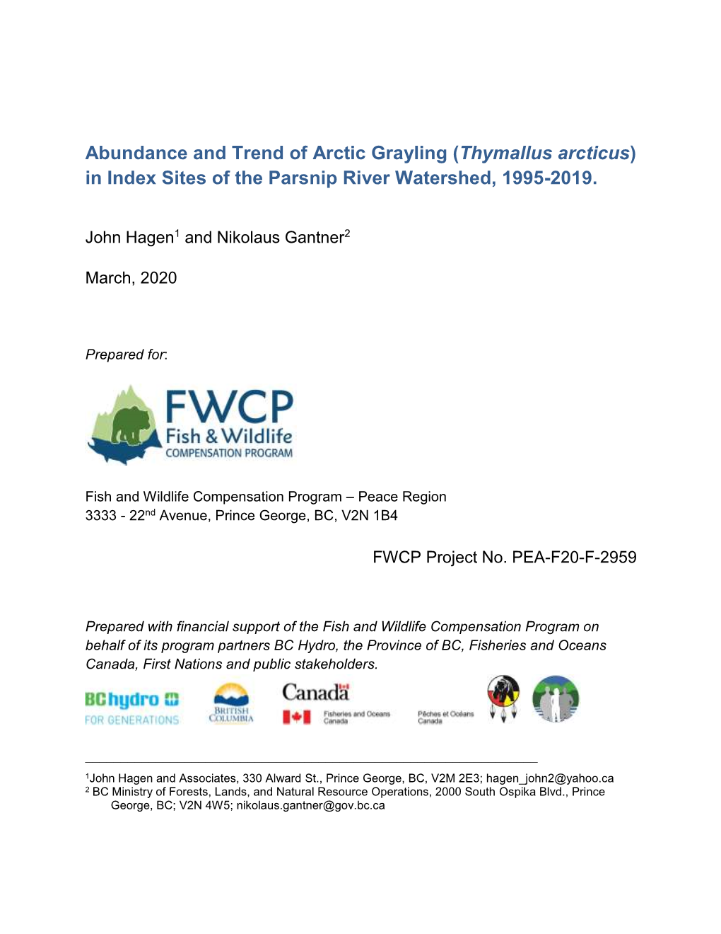 In Index Sites of the Parsnip River Watershed, 1995-2019