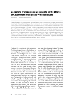Constraints on the Efforts of Government Intelligence Whistleblowers Barak Bullock | University of Texas, Austin