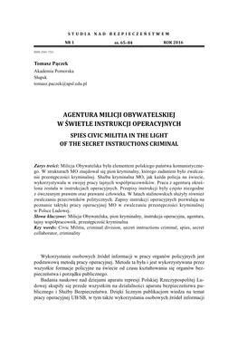 Agentura Milicji Obywatelskiej W Świetle Instrukcji Operacyjnych 65 STUDIA NAD BEZ P IECZEŃSTWEM