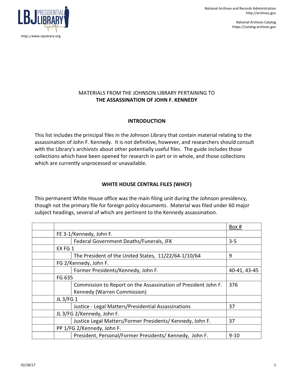 Materials from the Johnson Library Pertaining to the Assassination of John F