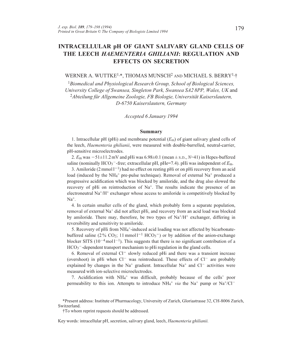 179 INTRACELLULAR Ph of GIANT SALIVARY GLAND CELLS of the LEECH HAEMENTERIA GHILIANII