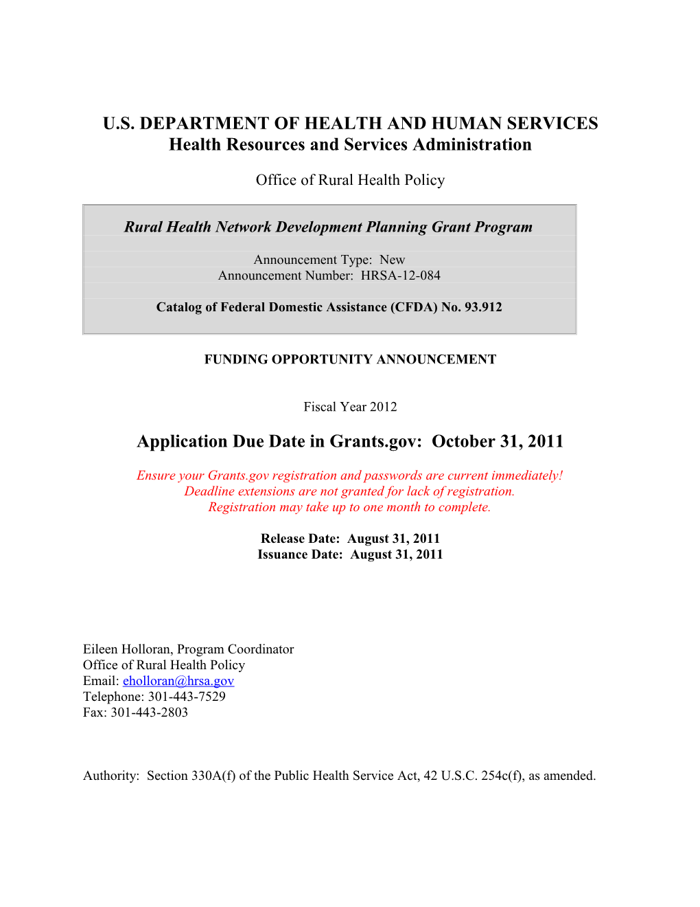 Funding Opportunity Announcement HRSA-12-084