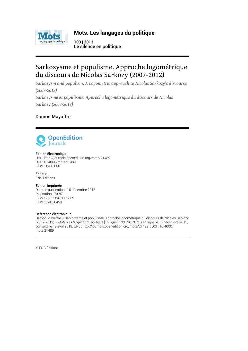 Sarkozysme Et Populisme. Approche Logométrique Du Discours De Nicolas Sarkozy (2007-2012) Sarkozysm and Populism