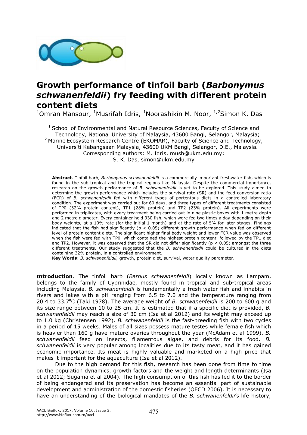 Growth Performance of Tinfoil Barb (Barbonymus Schwanenfeldii) Fry Feeding with Different Protein Content Diets 1Omran Mansour, 1Musrifah Idris, 1Noorashikin M