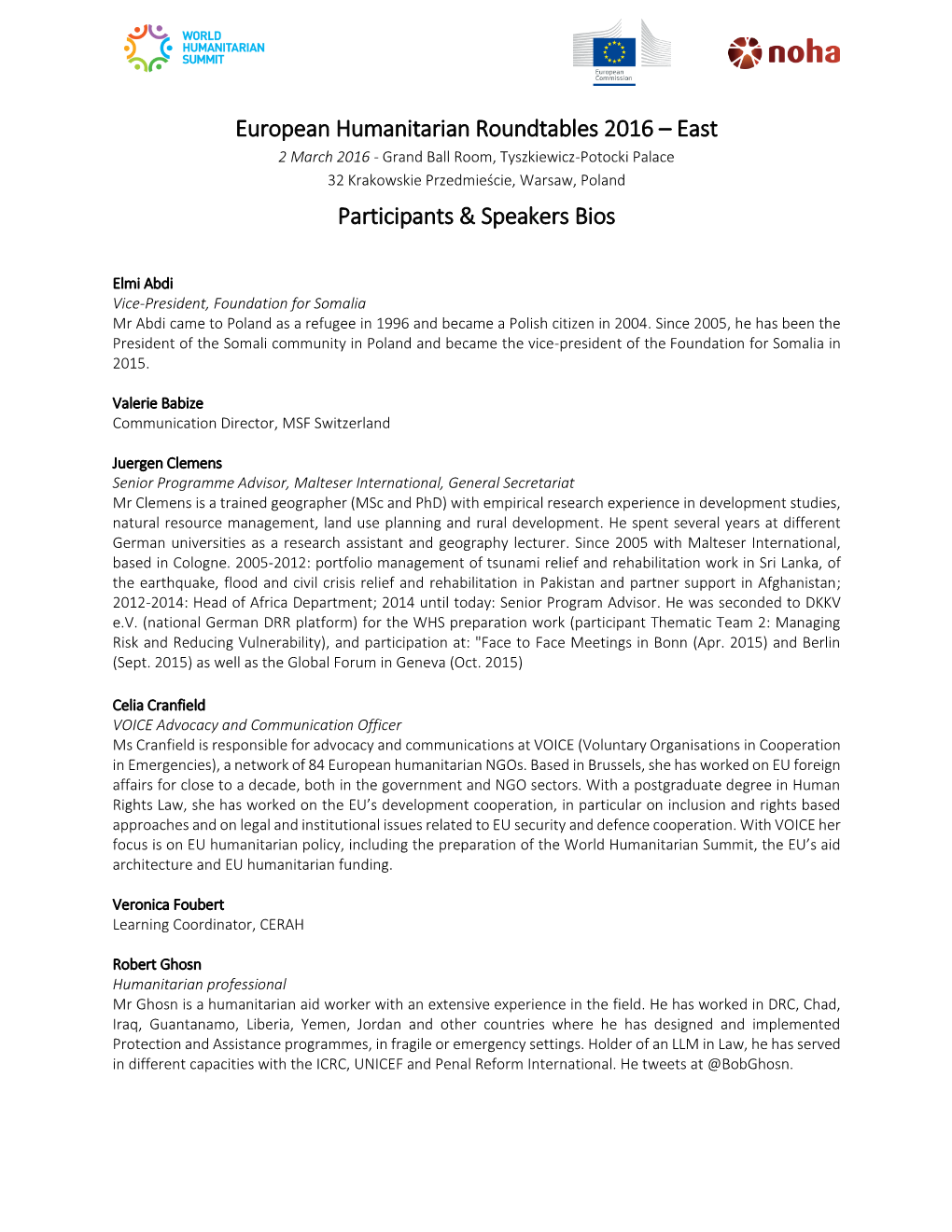 European Humanitarian Roundtables 2016 – East Participants