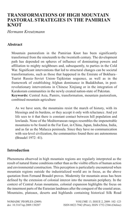 TRANSFORMATIONS of HIGH MOUNTAIN PASTORAL STRATEGIES in the PAMIRIAN KNOT Hermann Kreutzmann