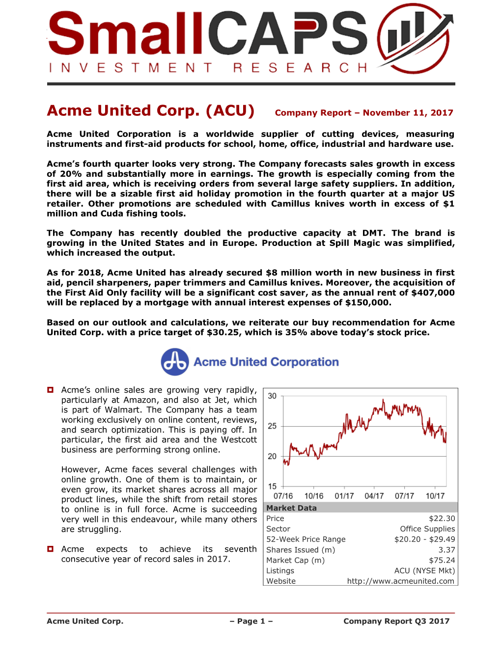 (ACU) Company Report – November 11, 2017 Acme United Corporation