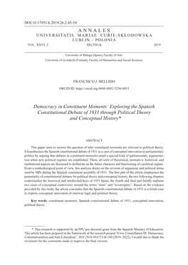 Exploring the Spanish Constitutional Debate of 1931 Through Political Theory and Conceptual History*