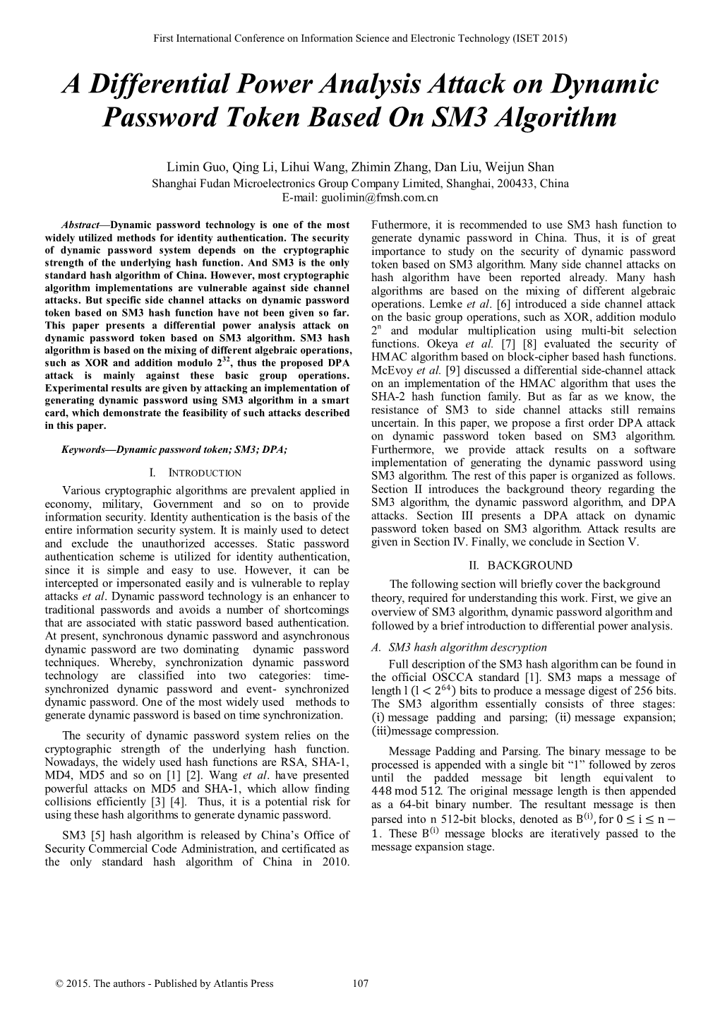 A Differential Power Analysis Attack on Dynamic Password Token Based on SM3 Algorithm