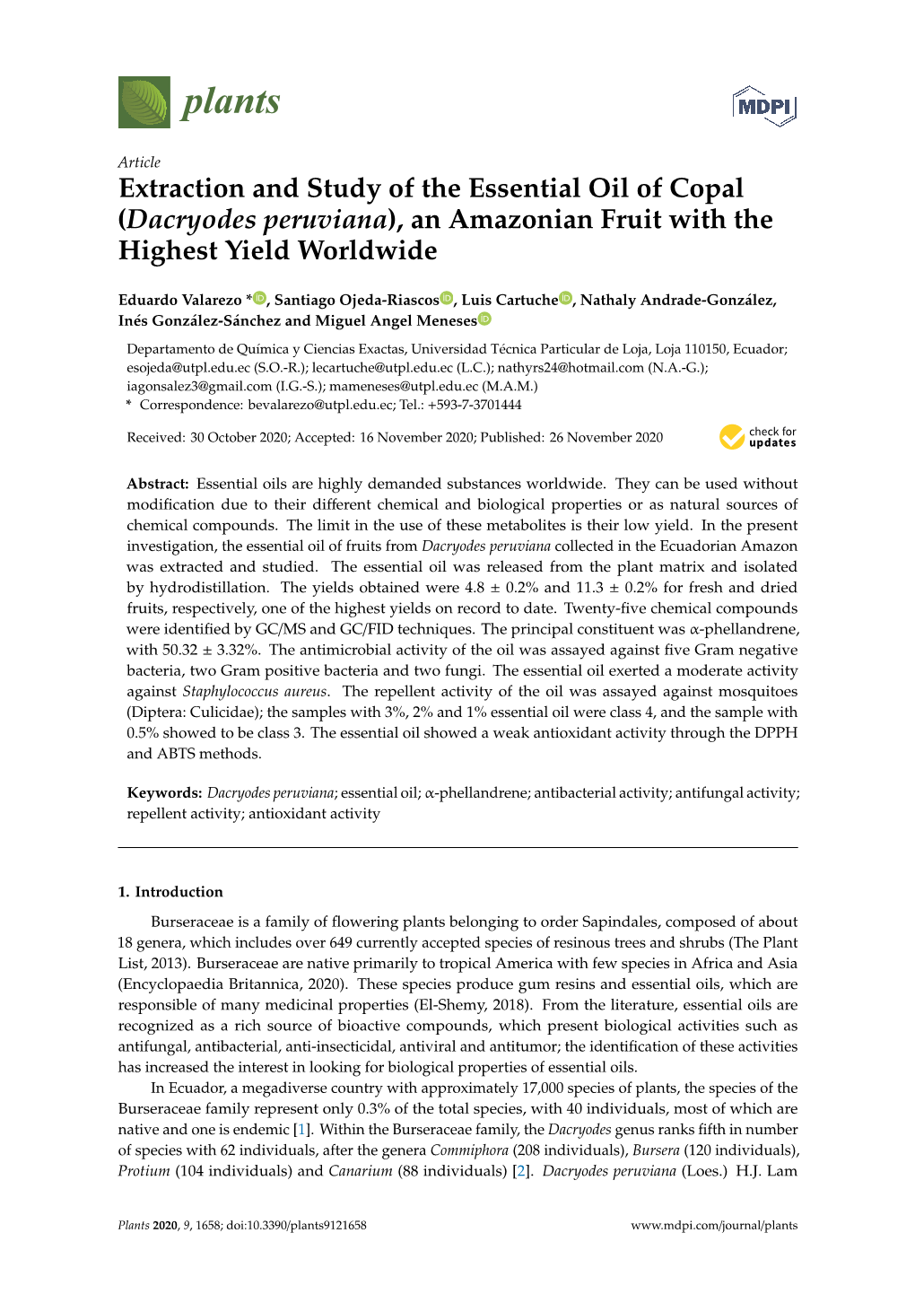 Extraction and Study of the Essential Oil of Copal (Dacryodes Peruviana), an Amazonian Fruit with the Highest Yield Worldwide