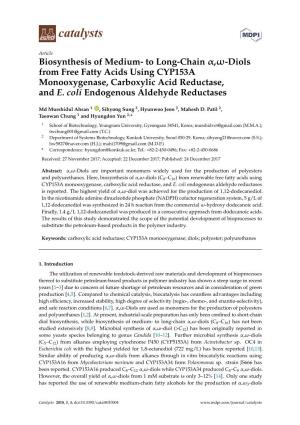 To Long-Chain ,-Diols from Free Fatty Acids Using CYP153A
