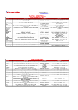 PUNTOS DE ENTREGA AGENCIAS EXPRESITO CARGA CIUDAD DIRECCIÓN TELÉFONO HORARIOS Ambato (Santiago De Ave Cevallos Y Mariano Eguez Esq C.C