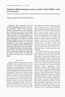 Cheliped Differentiation and Sex Ratio of the Fiddler Crab Takao Yamaguchi and Yasuhisa Henmi