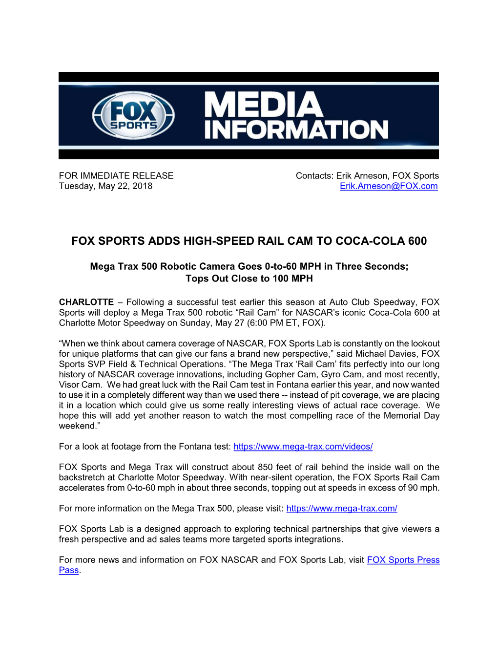 Fox Sports Adds High-Speed Rail Cam to Coca-Cola 600