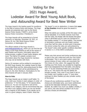 Voting for the 2021 Hugo Award, Lodestar Award for Best Young Adult Book, and Astounding Award for Best New Writer