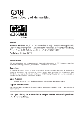 Teju Cole and the Algorithmic Logic of Racial Ascription.” C21 Literature: Journal of 21St-Century LITERATURE Journal of 21St-Century Writings Writings, 7(1): 12, Pp
