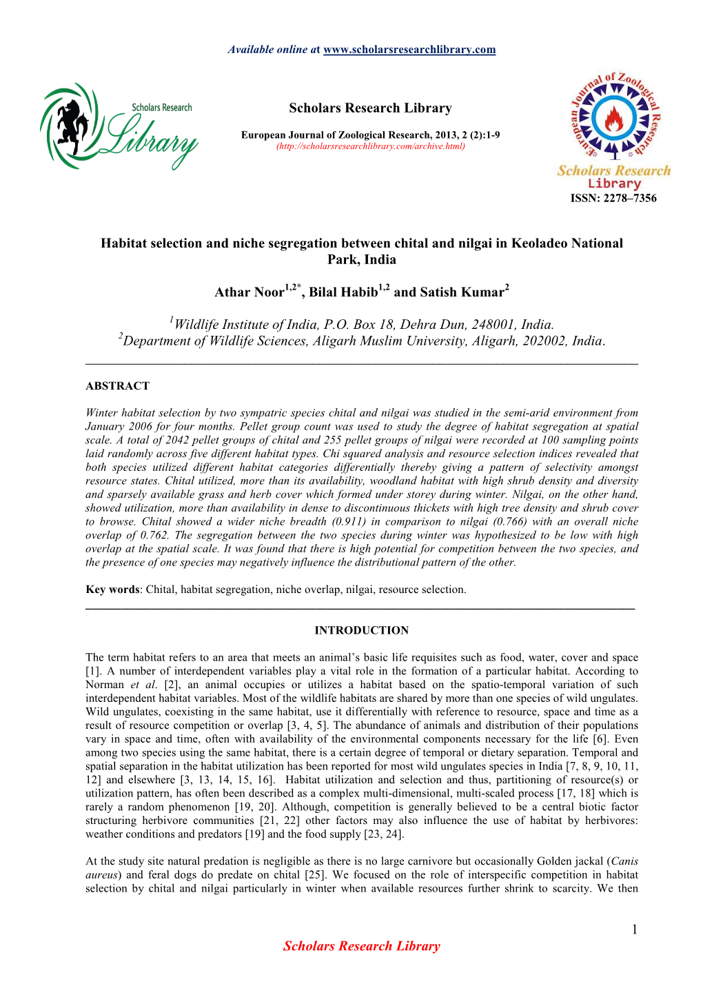 Habitat Selection and Niche Segregation Between Chital and Nilgai in Keoladeo National Park, India