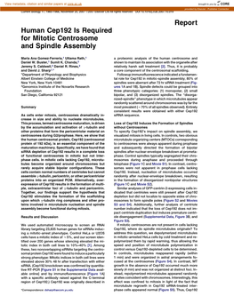 Report Human Cep192 Is Required for Mitotic Centrosome and Spindle Assembly