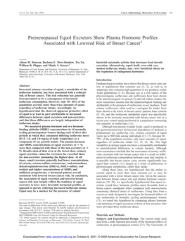 Premenopausal Equol Excretors Show Plasma Hormone Profiles Associated with Lowered Risk of Breast Cancer1