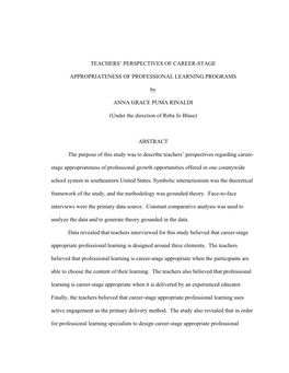 TEACHERS' PERSPECTIVES of CAREER-STAGE APPROPRIATENESS of PROFESSIONAL LEARNING PROGRAMS by ANNA GRACE PUMA RINALDI (Under