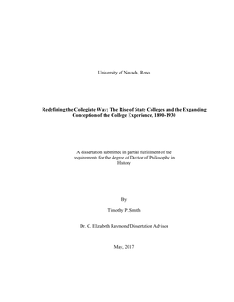 Redefining the Collegiate Way: the Rise of State Colleges and the Expanding Conception of the College Experience, 1890-1930