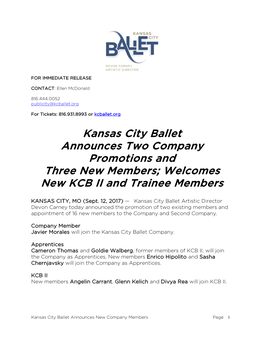 Kansas City Ballet Announces Two Company Promotions and Three New Members; Welcomes New KCB II and Trainee Members
