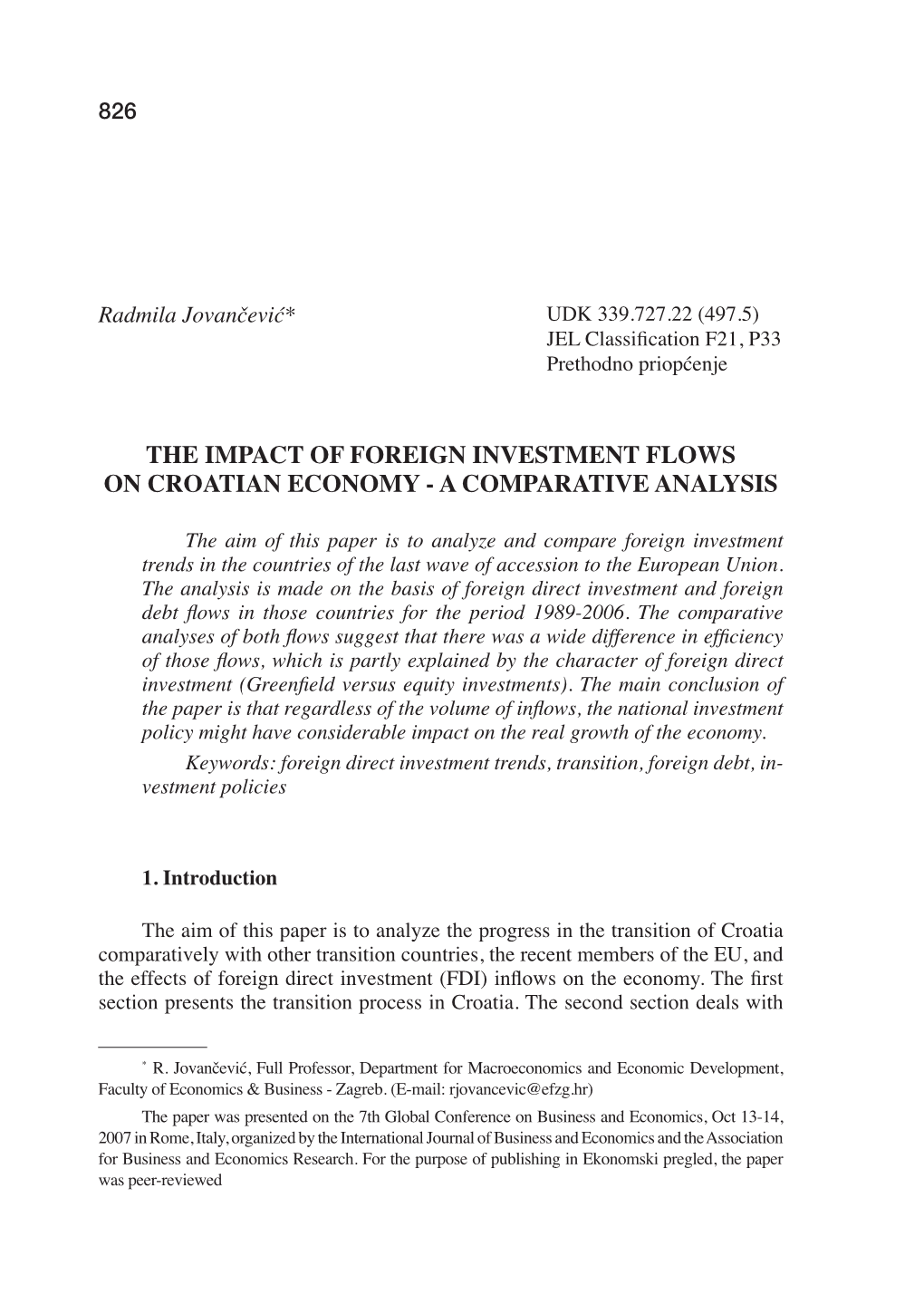 The Impact of Foreign Investment Flows on Croatian Economy - a Comparative Analysis