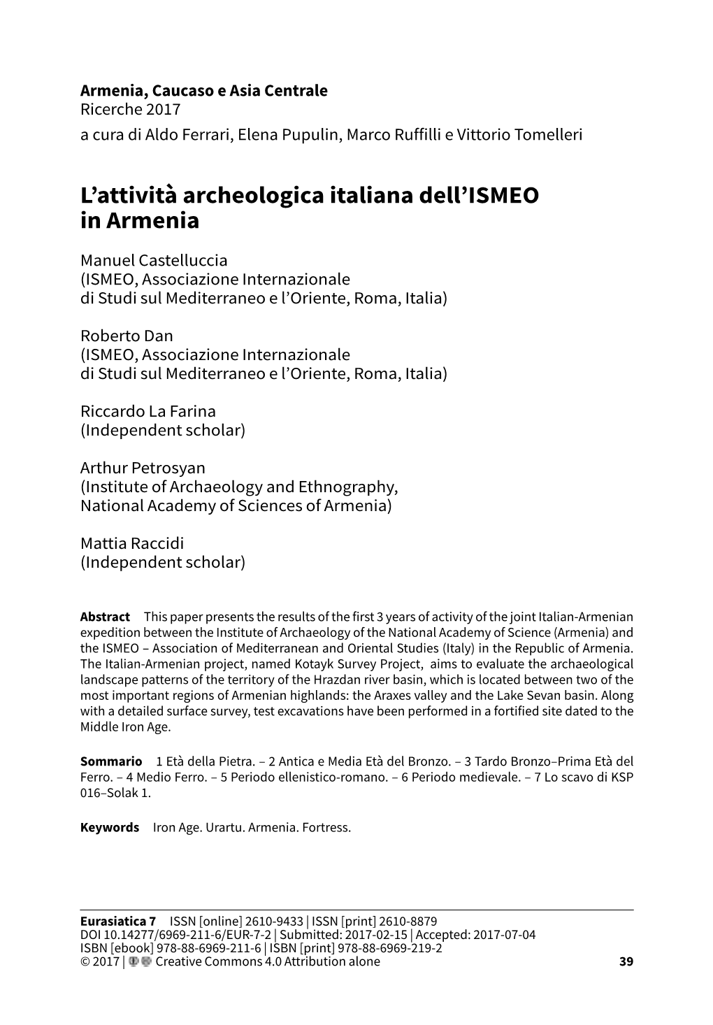 L'attività Archeologica Italiana Dell'ismeo in Armenia