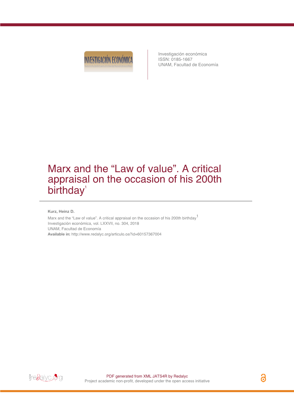 Marx and the “Law of Value”. a Critical Appraisal on the Occasion of His 200Th Birthday1