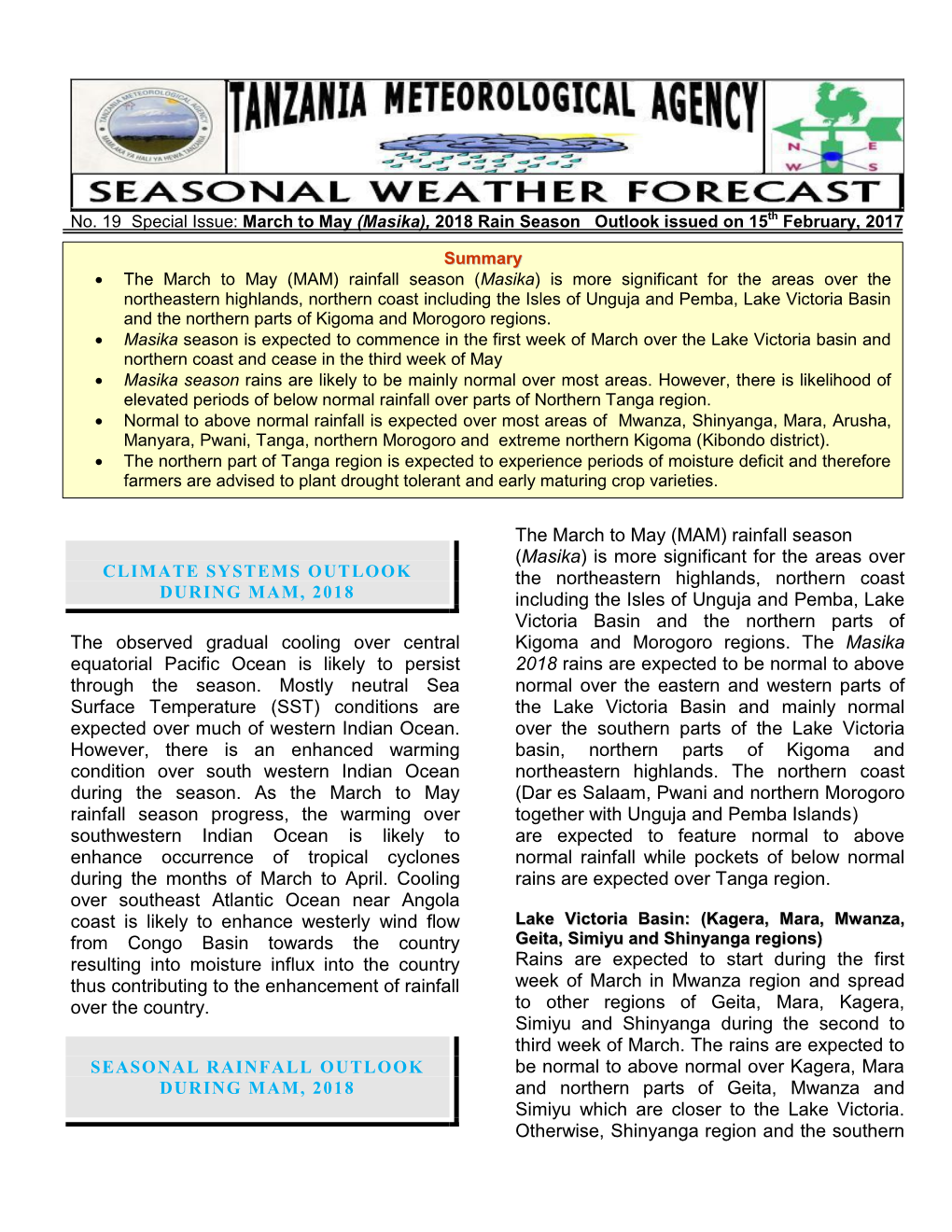 Seasonal Weather Forecast-Mar to May 2018