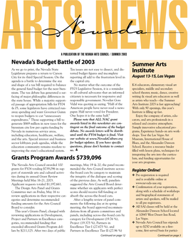 Nevada's Budget Battle of 2003 Summer Arts Institute Grants Program Awards $739,096