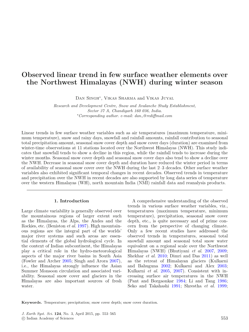 Observed Linear Trend in Few Surface Weather Elements Over the Northwest Himalayas (NWH) During Winter Season