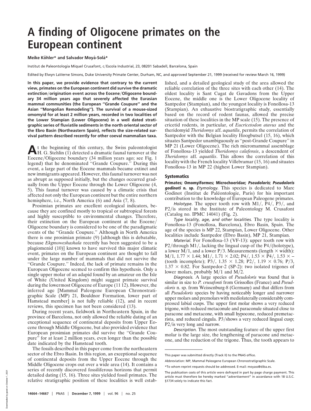 A Finding of Oligocene Primates on the European Continent