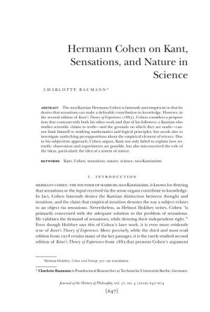 Hermann Cohen on Kant, Sensations, and Nature in Science